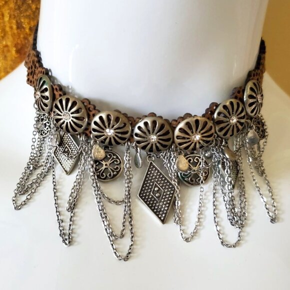 Leather Choker Dangles Crystals Necklace - Picture 1 of 7